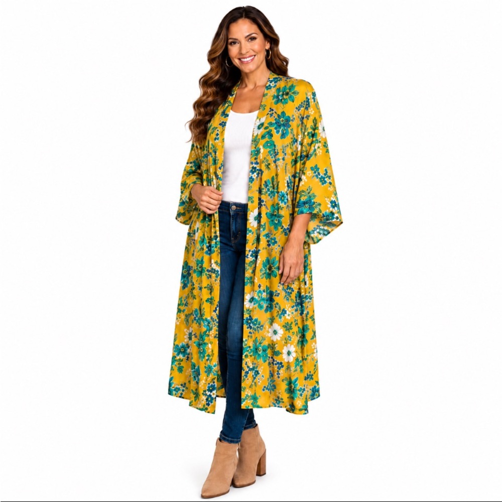WORLD MARKET Bright Yellow Floral Kimono Duster Size “OS”